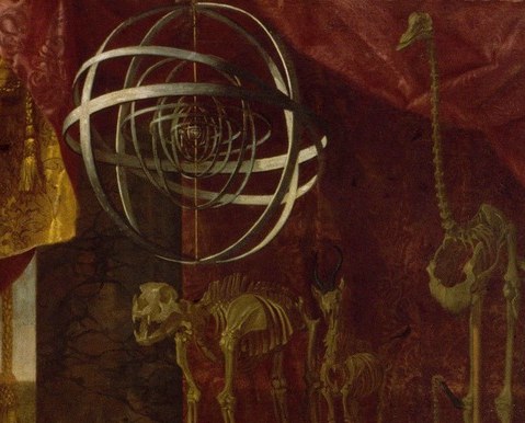 An armillary sphere represents the cosmos.