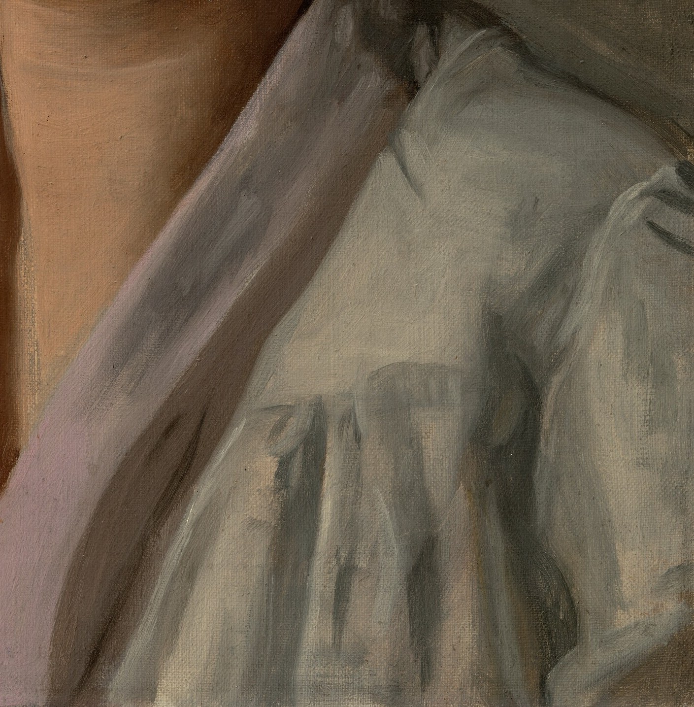The crisp white fabric with its high collar and subtle folds is rendered with masterful detail.