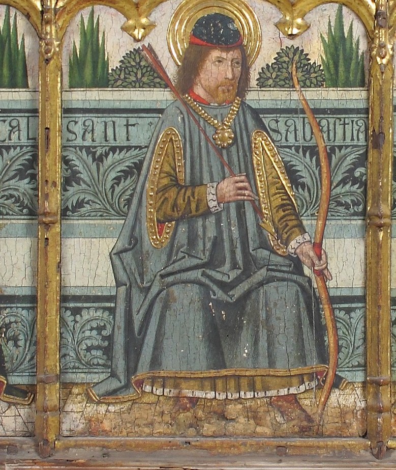 This is Saint Sebastian, dressed like a courtier. Not a wound in sight.