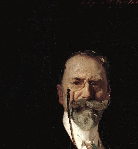 The psychological center of the portrait , Sargent captures his friend's commanding presence with loose, authoritative brushwork; the face floats from a near-black void