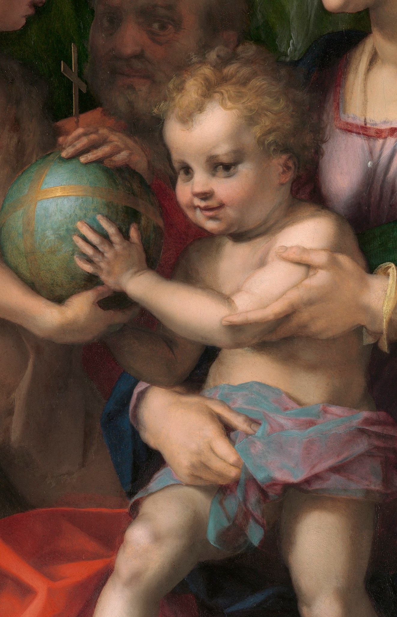 The infant's physical weight and confident reach make him the visual fulcrum; his touch of the orb seals the theological and republican transfer of sovereignty.