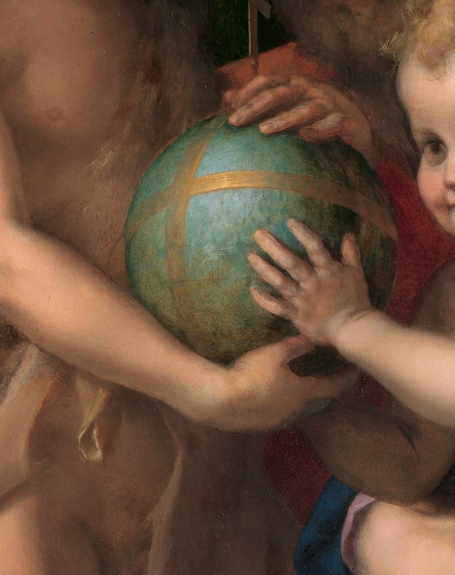 The central symbolic object of the entire work , the Baptist handing the globe to Christ encodes Florence's declaration that Christ, not the Medici, rules the republic; painted the year before the city fell.