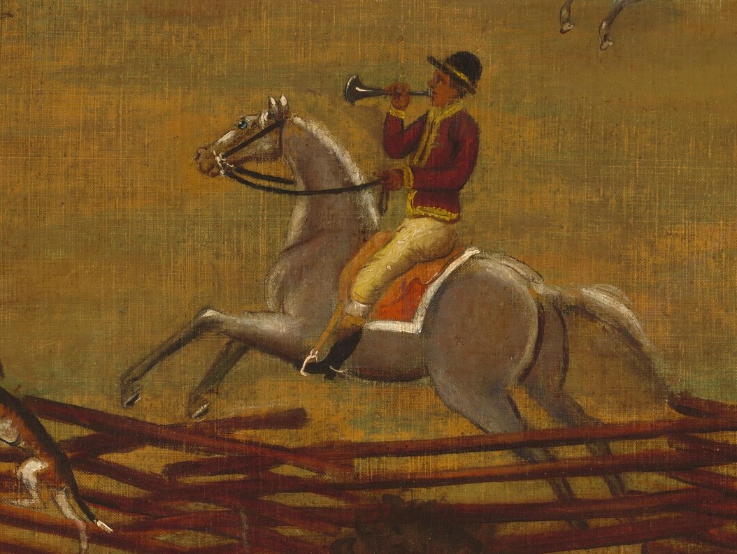 His horse is weary, its eyes wide from exertion.