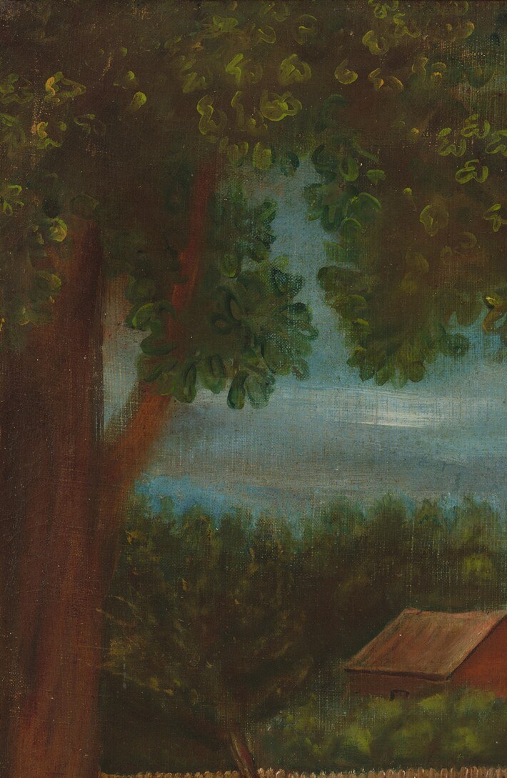 Its dense foliage and dark shadows create a sense of depth and frame the scene.