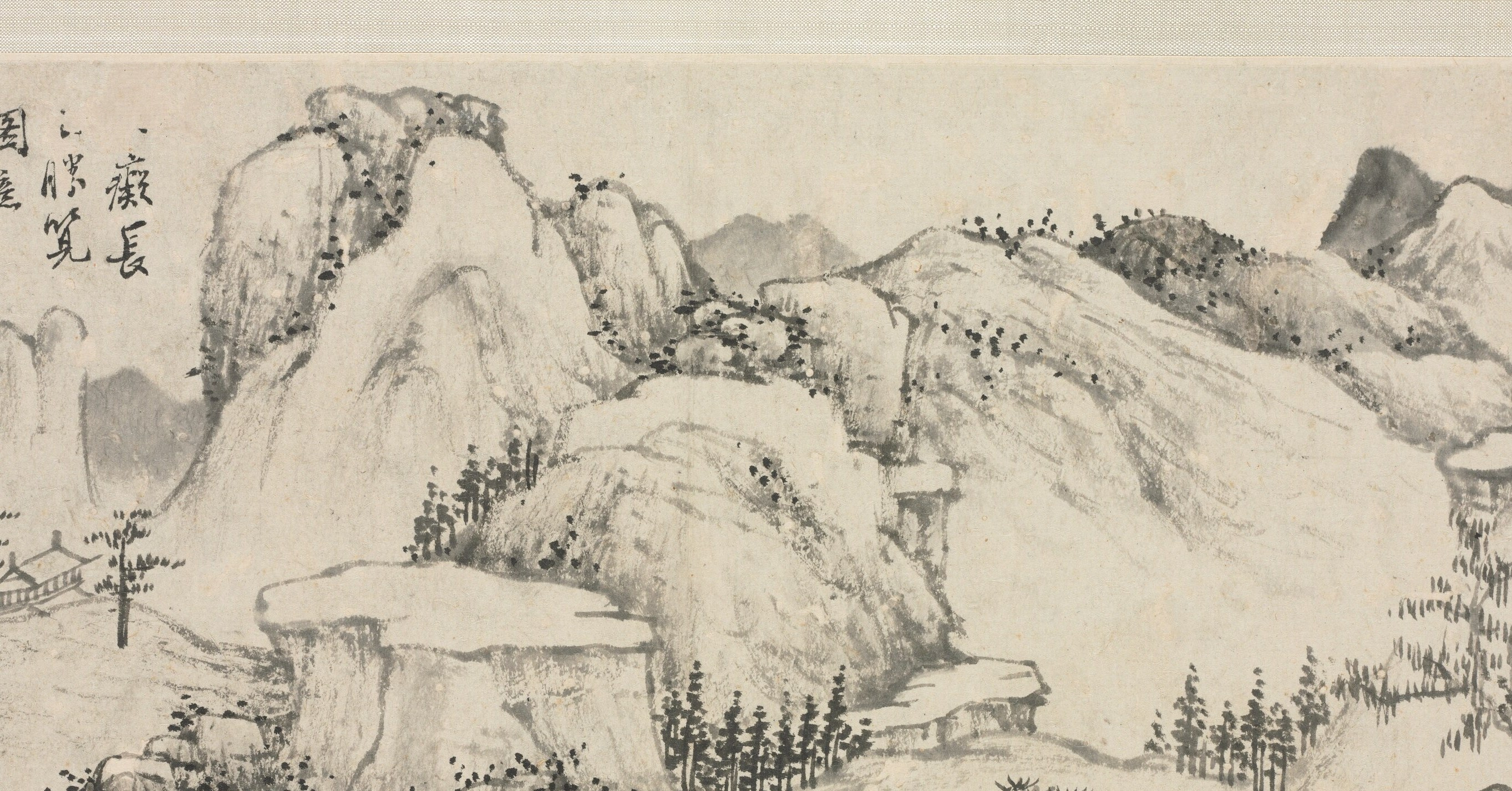 Executed in pale ink washes with almost no outline , the signature 'hemp-fiber' strokes of the Huang Gongwang tradition; the mountains recede through tone alone, demonstrating atmosphere without perspective.