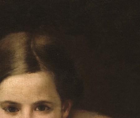 Teeth parted, expression candid , not the demure closed-mouth ideal of period portraiture; the smile announces complicity and makes the viewer feel caught looking.