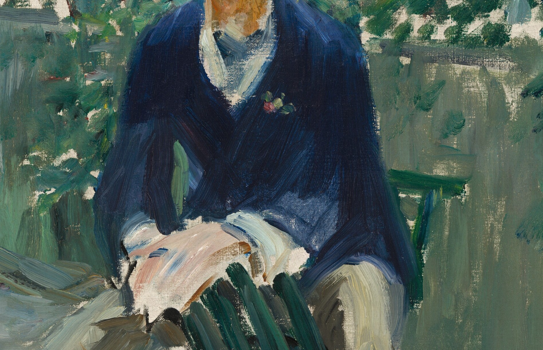 The broad flat passages of deep blue demonstrate Manet's signature refusal of gradual modelling, making cloth read as pure colour plane.