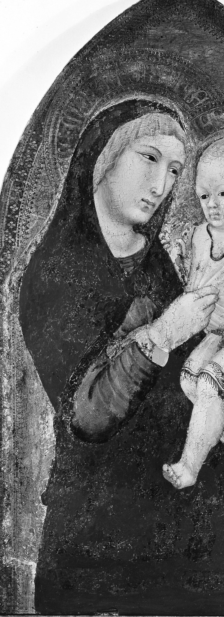The dark blue of her mantle is the color of mourning in Sienese painting.