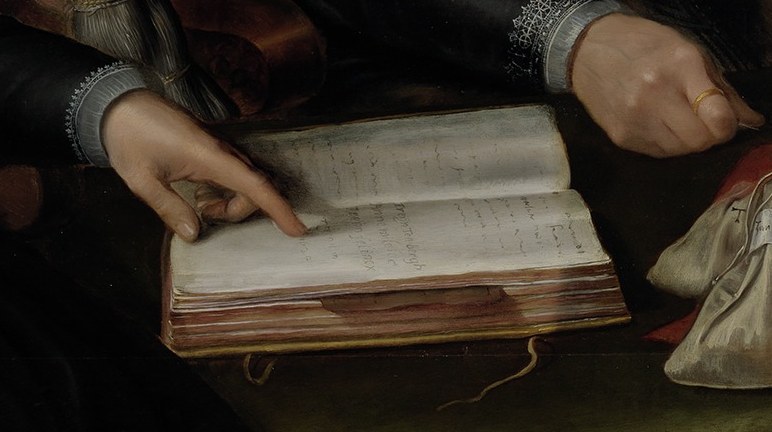 The open ledger book symbolizes their administrative duties.