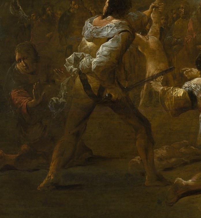 One woman kneels, surrendering the baby to save it.