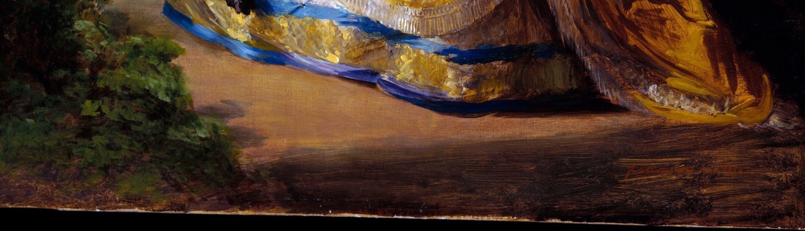 The blue stripe anchors the color palette and identifies the dress as haute couture of the 1850s; a decoder detail linking the empress to French imperial heraldic colors.