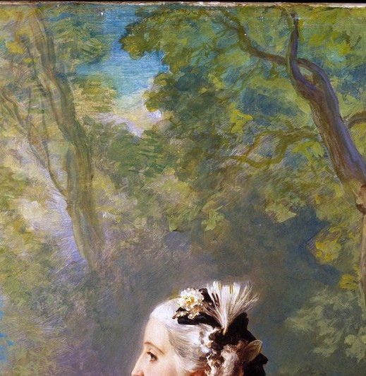 The only view of her expression , a serene, upward-tilted profile conveys imperial composure; the sole window into her inner state in an otherwise costume-dominated portrait.