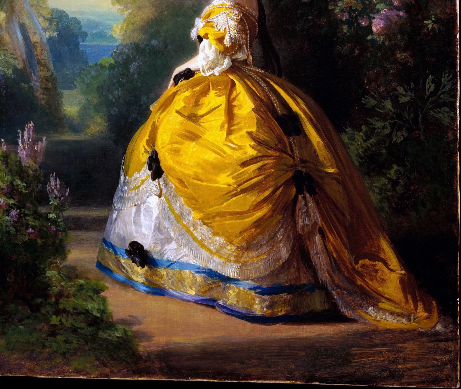 The visual heart of the painting , the luminous yellow silk occupies nearly half the canvas and demonstrates Winterhalter's virtuoso rendering of shimmering fabric, a hallmark of Second Empire fashion propaganda.