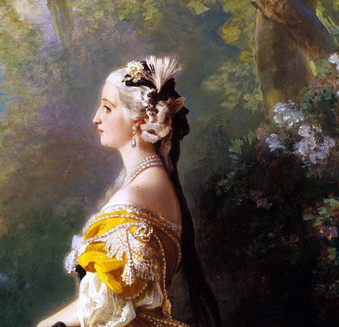 The delicate lace against bare shoulders is a status marker , lace of this quality was enormously expensive; its rendering in paint shows Winterhalter's fine-detail brushwork at its best.