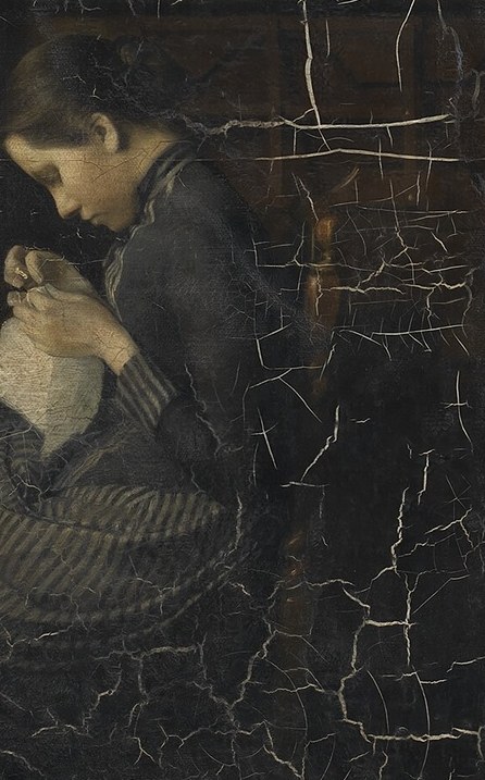 A girl is sewing by a window, bathed in soft light.