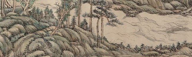 The unpainted or lightly washed water creates breathing space in the scroll and acts as the spatial hinge between the near shore and distant mountains , a classic 'leaving the white' technique that makes the landscape feel infinite.
