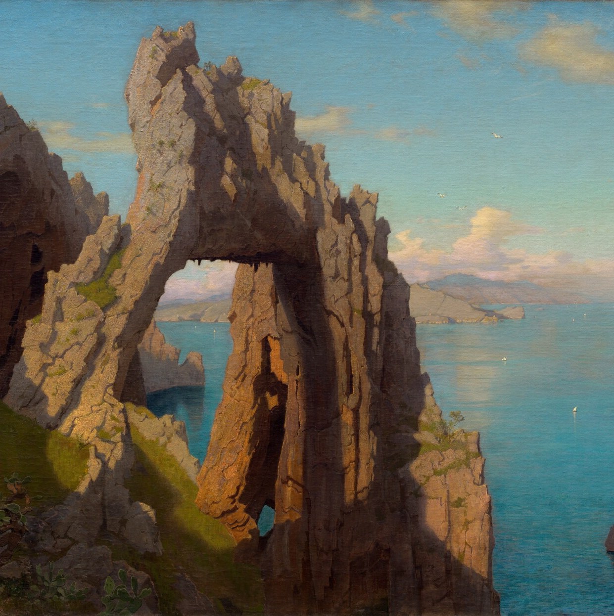 The raison d'être of the entire painting , a geological portal that frames sea and sky; its silhouette reads as both ruin and cathedral window, making it the primary compositional and symbolic anchor.