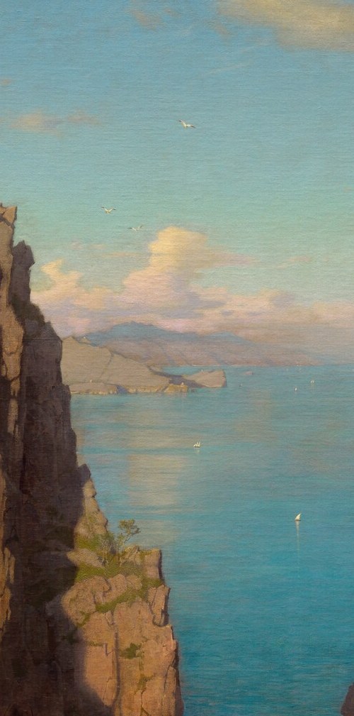 The strongest warm-to-cool contrast in the painting: this blazing limestone wall is counterposed against the blue sea, demonstrating the Düsseldorf-trained control of light temperature.