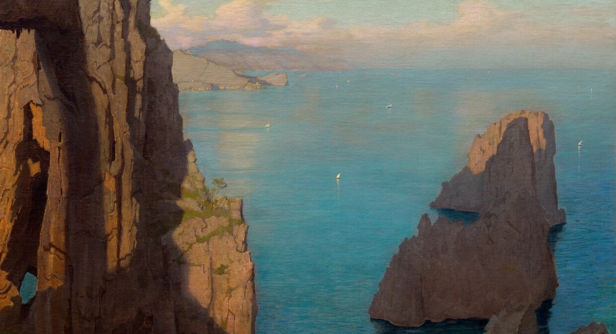 Rendered in graded blues and greens that shift from deep near-shore tones to a pale luminous horizon , a record of how this specific sea looked at this hour in 1871.