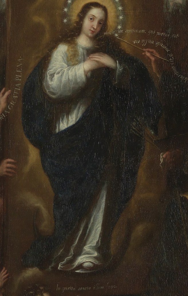 Her serene expression and upward gaze suggest divine grace and purity, central to the painting's theme.