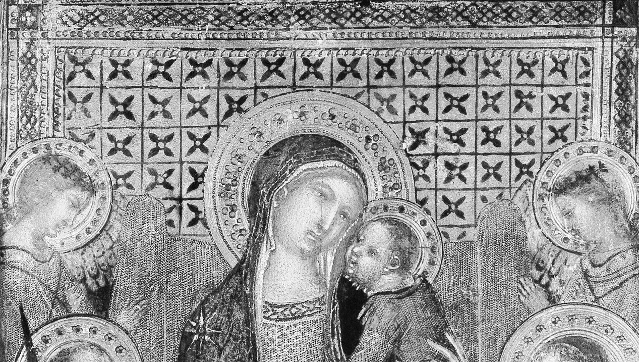 In 14th-century tempera panels halos were often tooled with punched geometric patterns visible only at close range , a hidden craft achievement