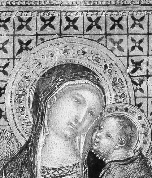 Devotional core of the panel; her downward gaze enacts the theological tenderness of Mater Dei and anchors the viewer's eye