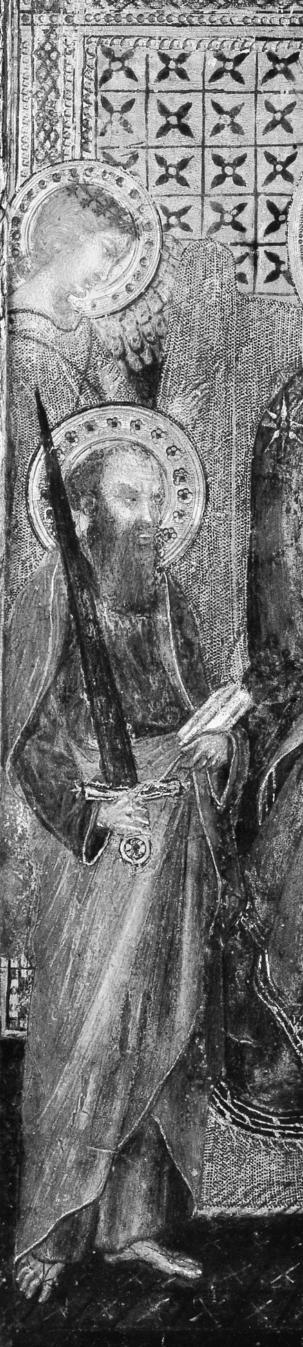 First pope flanking the Queen of Heaven; his presence frames the scene as a legitimizing icon of Church authority