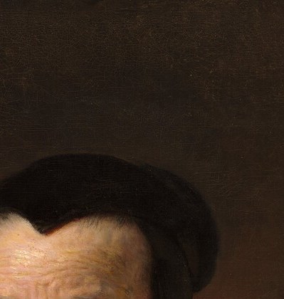 Rembrandt's signature chiaroscuro in miniature: a single pale patch of impasto lift against warm shadow that makes the face seem to breathe.