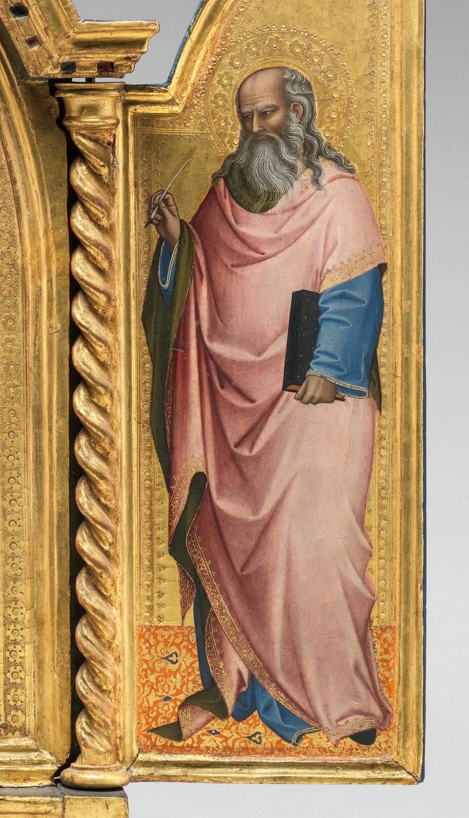 His gesture of pointing or blessing invites contemplation on divine revelation.