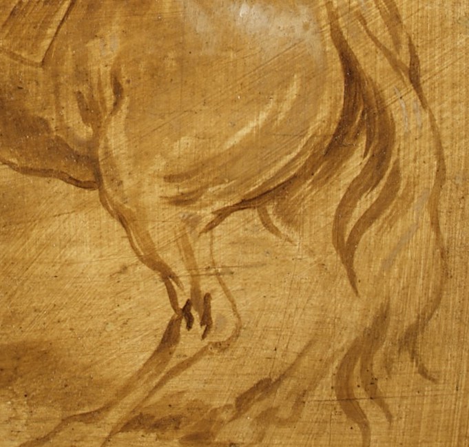 Look at the horse’s muscular hindquarters, coiled with latent strength.