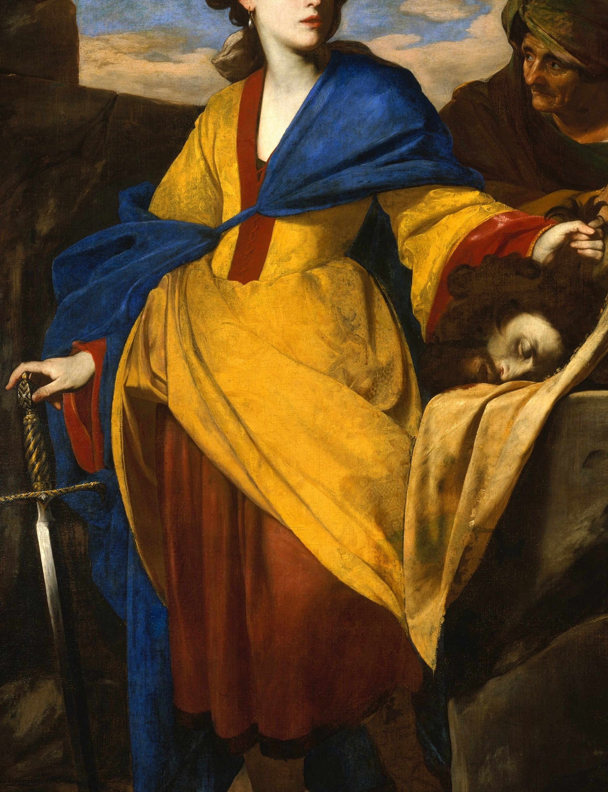 Stanzione uses the vivid complementary color contrast , deep ultramarine blue against saturated yellow ochre , to dominate the canvas and signal heroic status.