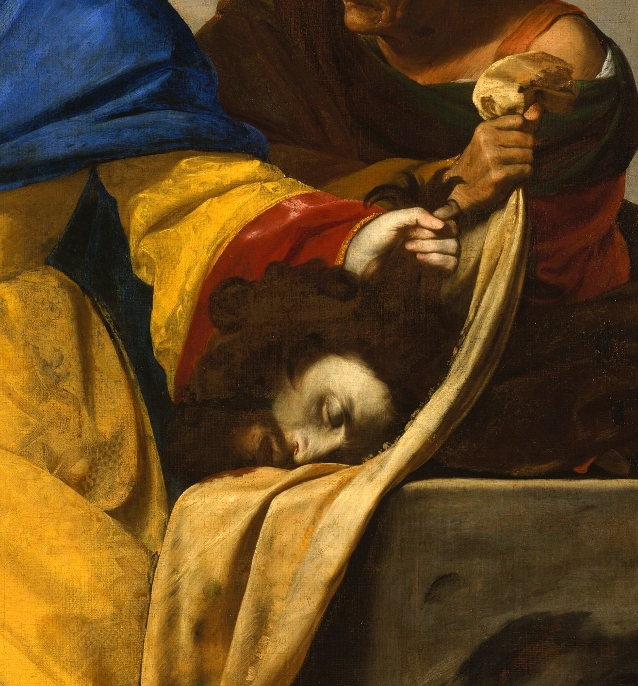 The general's head is partially obscured in cloth, making the viewer look harder , a deliberate withholding that is more unsettling than full display.