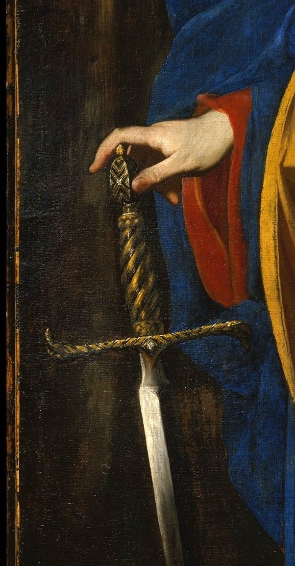 The sword , still the instrument of Holofernes's death , hangs at her side almost casually, underscoring the finality of her act.