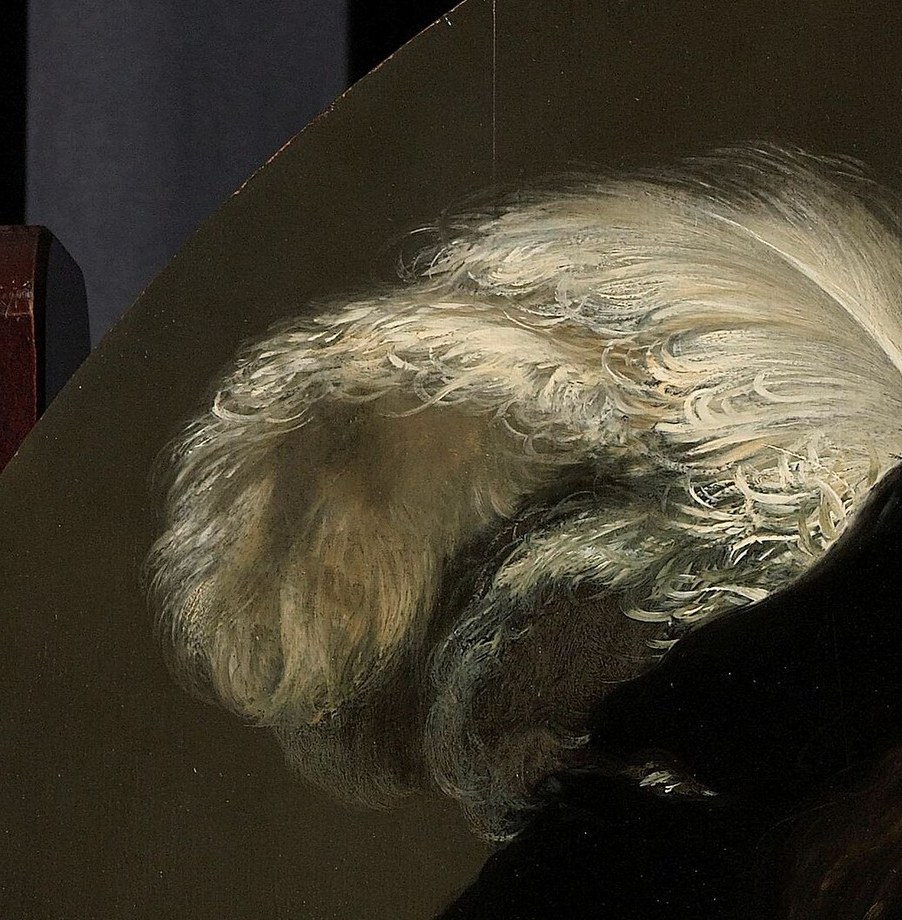 The soft, delicate texture of the feather contrasts with the sitter's stern demeanor.
