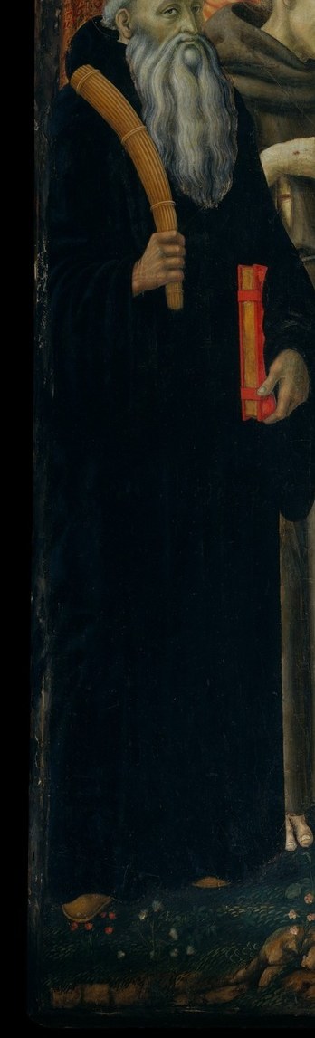 Appears to wear a Franciscan or Dominican habit , the specific order's attribute (cord, book, lily) identifies the saint and the painting's patron context.