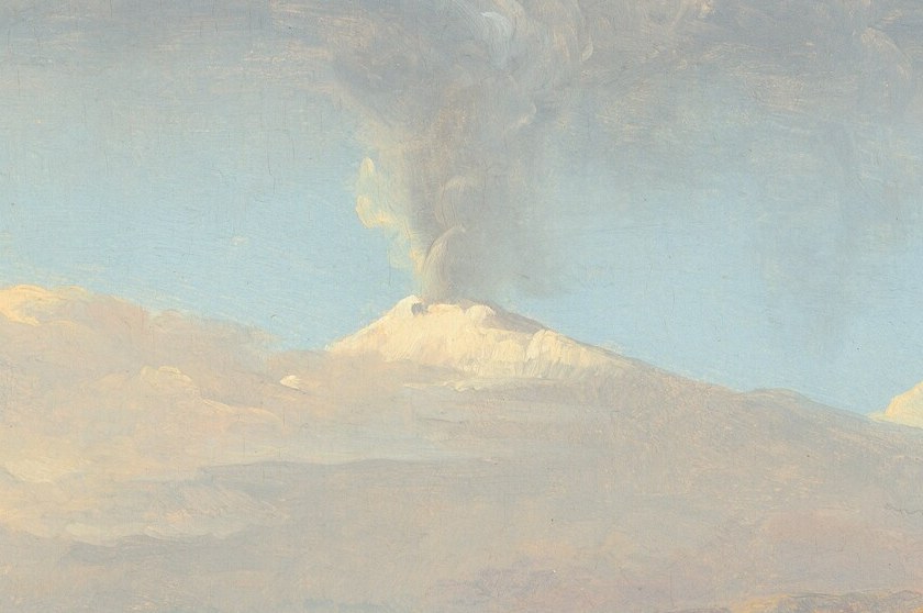 Beyond the ancient arches, a volcano still smokes.