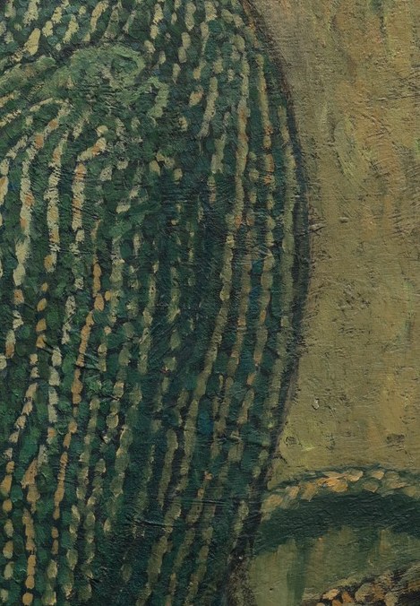 Look closely at the dress's green pattern.