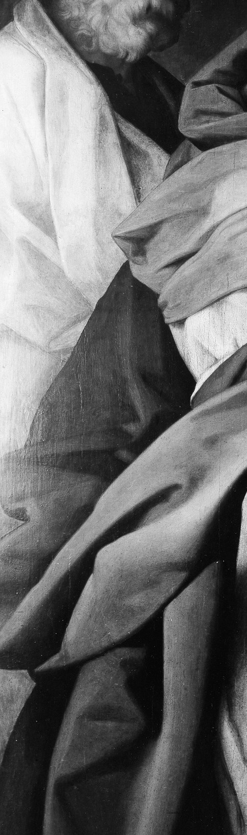 The painter dresses him in stark white, a pillar of pure witness.