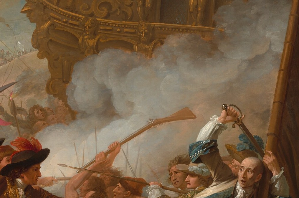 The flames and smoke create a dramatic backdrop, emphasizing the destructive nature of the battle.