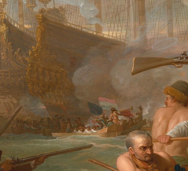 A figure in a tricorn hat leads the attack.