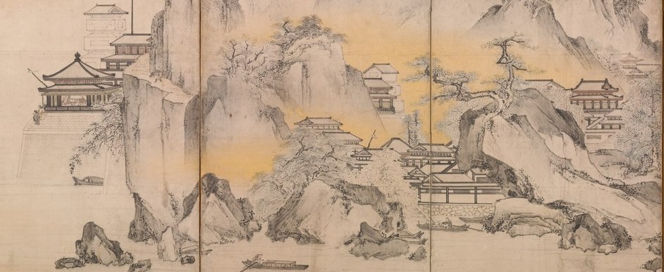 Azurite and malachite-based pigments create the distinctive cool rock faces; their vivid colour against the gold clouds defines the Kano palette and signals these are idealized Chinese rather than observed Japanese landscapes.