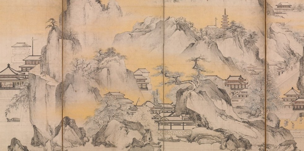 The compositional anchor of the right screen , likely Jinshan Island in the Yangzi , rendered in angular ink strokes over mineral blue-green pigment, a Chinese literati rock idiom transplanted into a Japanese screen format.