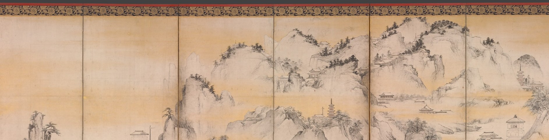The signature Kano school kinpeki technique: gold powder clouds that simultaneously unify the six-panel composition and split foreground from background, creating compressed spatial depth across the full panorama.