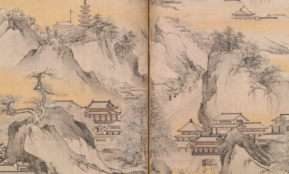 Kano school pines rendered with compressed, calligraphic brushwork , each needle cluster a distinct mark , demonstrating the school's fusion of Chinese landscape tradition with Japanese decorative linearity.