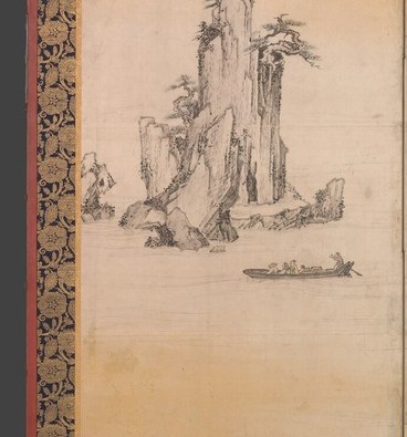 Small figures in official robes near what reads as a pavilion landing or dock , the human scale against the landscape makes them simultaneously grand and tiny, a deliberate Confucian statement about the cultivated man in nature.