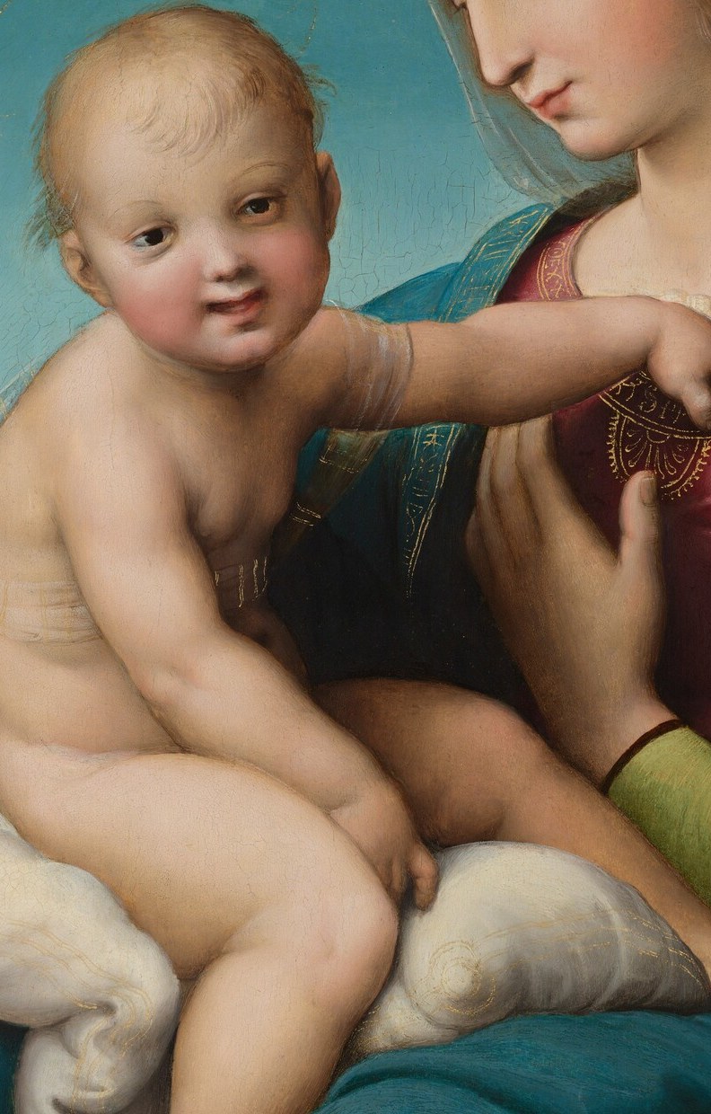 Raphael's mastery of infant anatomy , pudgy limbs, soft belly, warm luminous skin , painted with naturalism that still astonishes for 1508 oil technique.