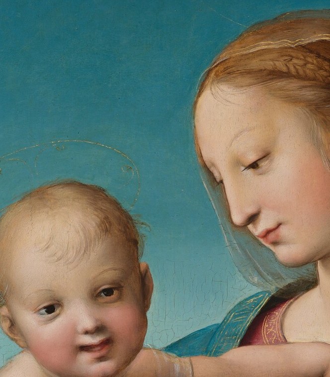 The infant's eyes meet the viewer , a deliberate invitation that collapses the distance between sacred scene and worshipper, the theological hook of the whole composition.