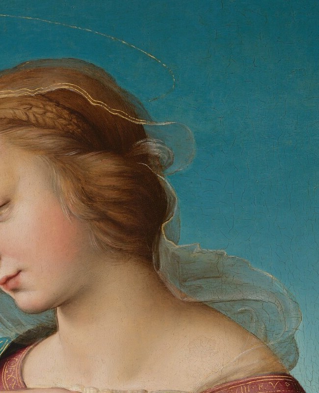 The calm, slightly tilted face is the painting's emotional fulcrum , Raphael's ideal of sacred serenity made tenderly human, every feature softened without losing structure.