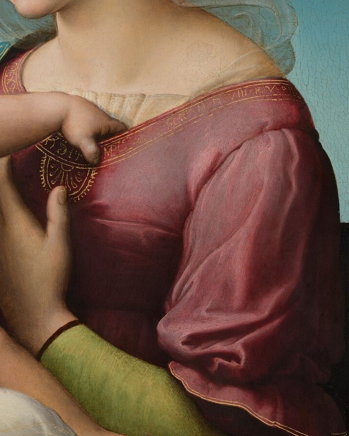 Red signals the Passion and Mary's humanity; tightly rendered fabric folds demonstrate Raphael's three-dimensional drapery construction.