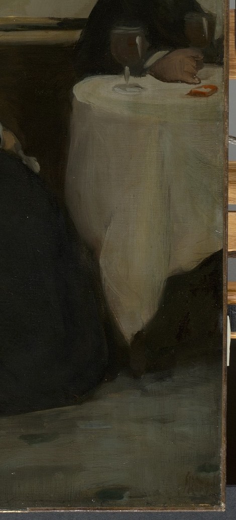 It shows three figures in a dimly lit urban tavern.